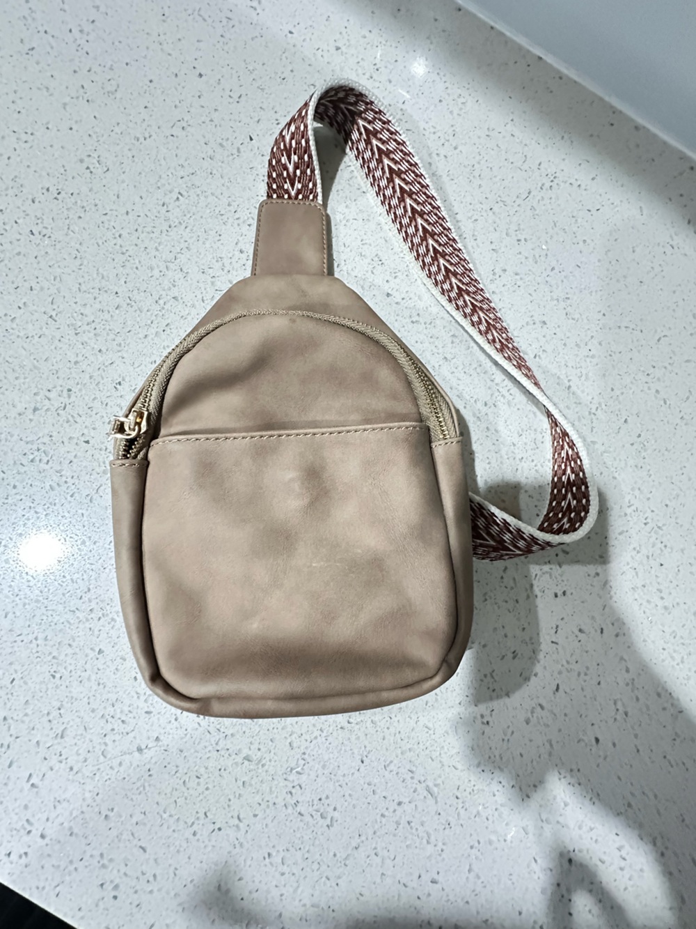 Mini Sling Backpack Crossbody Bag Taupe Vegan Leather Chevron Strap